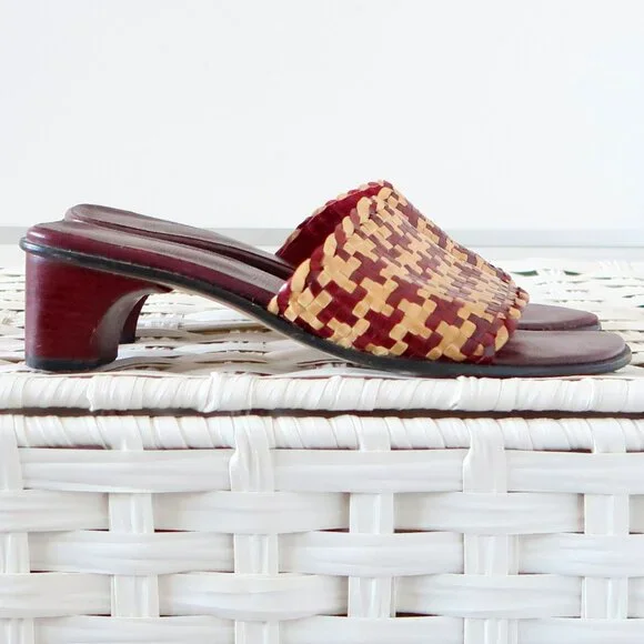 Handcrafted Burgundy Raffia Block Heel Mule Sandals Woven Boho Summer Shoes 7 - Picture 16 of 16